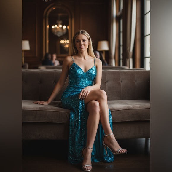 B Darlin Sequin Strappy Back Gown | Turquoise | Size 15/16 XL (Juniors) NWT - Picture 4 of 14